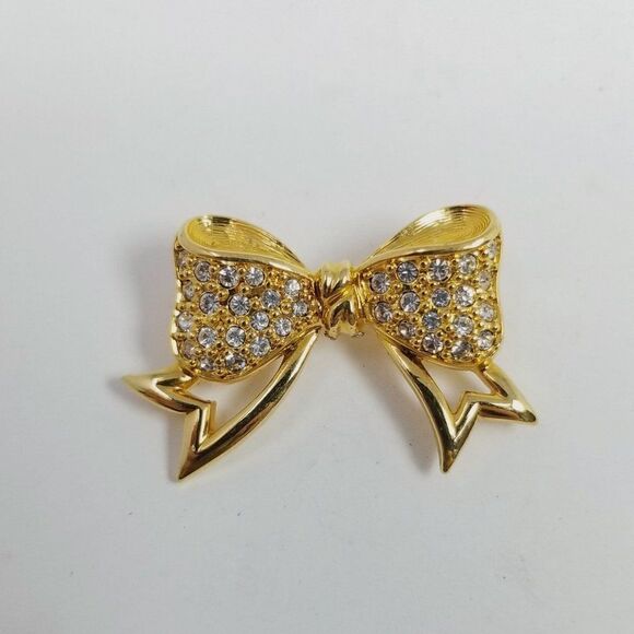 Vintage Rhinestone Encrusted Bow Shape Brooch Gold Tone Lapel Pin, Festive - Picture 6 of 6